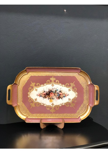 Italyan Gül Ağacı El Yapımı Altın Varak Kaplama Sunum Tepsisi