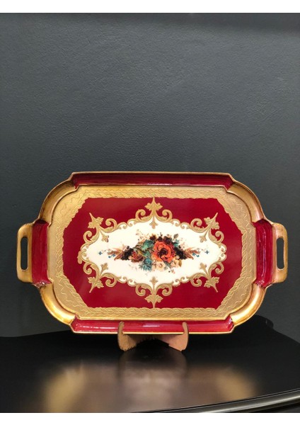 Italyan Gül Ağacı El Yapımı Altın Varak Kaplama Sunum Tepsisi