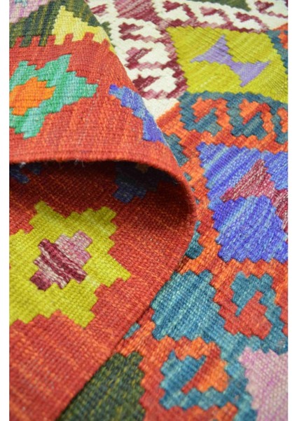 Yün Iplikten El Dokuma Kırmızı Renk Afgan Kilim 100X150 cm (1.5 M²)