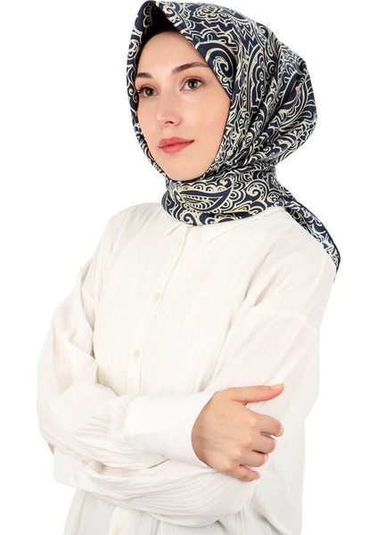 Lacivert Sanat Desen Twill Ipek Eşarp