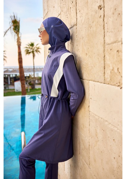 Indigo Tam Kapalı Mayo – Hakim Yakalı, Stoperli Su Itici Kumaş M2526-2