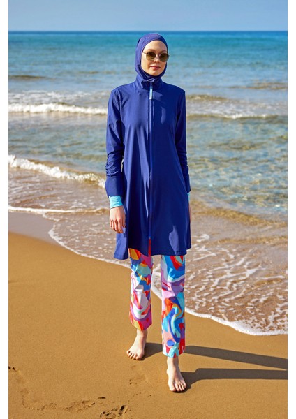 Lacivert Tam Kapalı Mayo – Hakim Yakalı, Su Itici Kumaş M2505 fırsatları