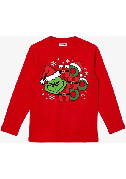 Uzun Kollu Ho Ho Ho Grinch Baskılı Christmas Baskılı Yenil Yıl Çocuk Pamuklu Tişört