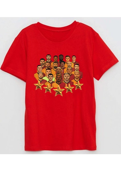 Illustrasyon 5 Yıldız Çizim Baskılı Sarı Kırmızı Şampiyon Ekip Pamuklu Efendioğlu Design T-Shirt