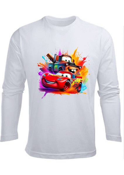 Uzun Kollu Şimşek Mcqueen ve Mater Baskılı Renkli Pamuklu Çocuk Tişört