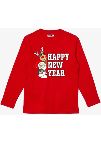 Uzun Kollu Happy New Year Baskılı Yeni Yıl Çocuk Pamuklu Tişört