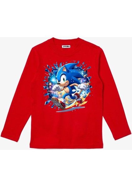 Uzun Kollu Koşan Sonic Baskılı Pamuklu Çocuk Tişört