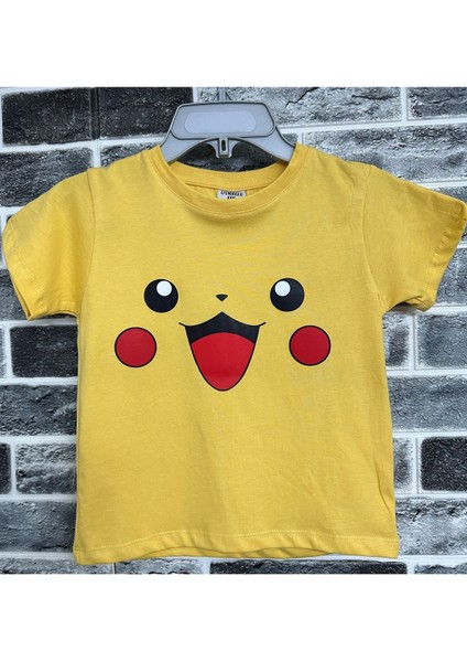 Sarı Pika Pika Pikachu Yüzü Baskılı Çocuk Tişört