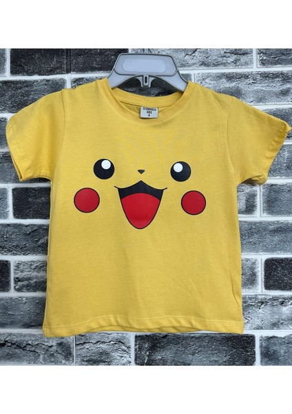 Sarı Pika Pika Pikachu Yüzü Baskılı Çocuk Tişört fiyatları