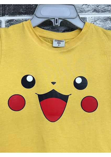 Sarı Pika Pika Pikachu Yüzü Baskılı Çocuk Tişört modelleri