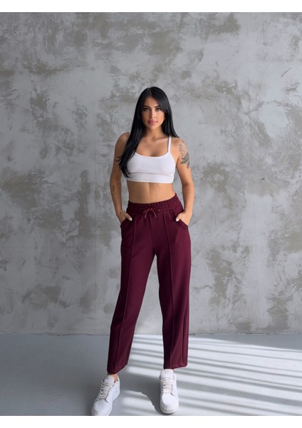 Kadın Bordo Modal Kumaş Balon Model Önü Nervürlü Rahat Kalıp Pantolon