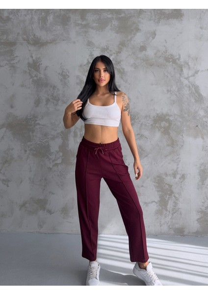 Kadın Bordo Modal Kumaş Balon Model Önü Nervürlü Rahat Kalıp Pantolon modelleri