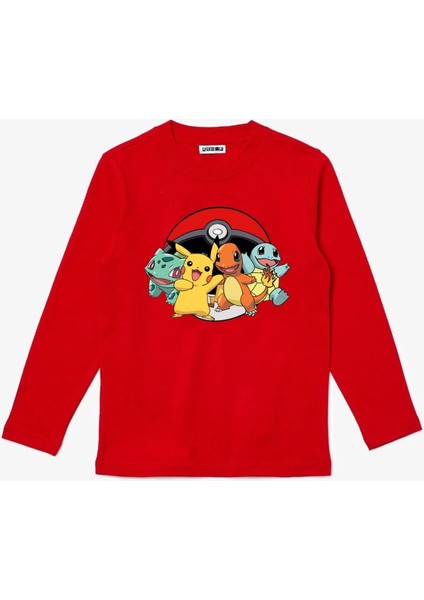 Uzun Kollu Poke Topu Pokemon Karakterleri Baskılı Çocuk Tişört