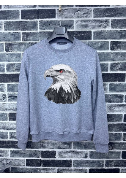 Kırmızı Gözlü Kartal Baskılı Sonbaharlık Kapüşonsuz Sweatshirt