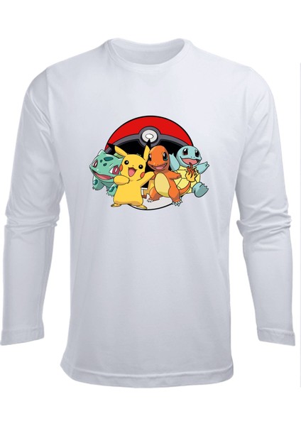 Uzun Kollu Poke Topu Pokemon Karakterleri Baskılı Çocuk Tişört