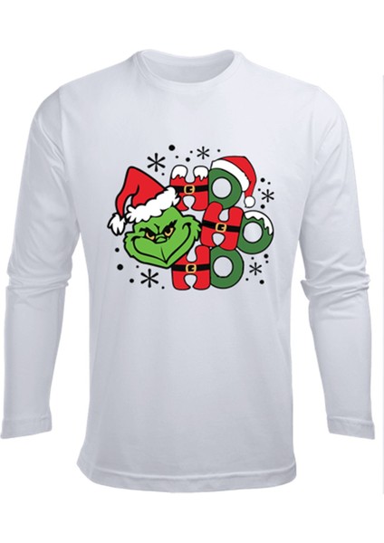 Uzun Kollu Ho Ho Ho Grinch Baskılı Christmas Baskılı Yenil Yıl Çocuk Pamuklu Tişört