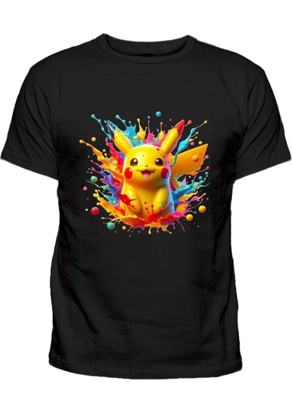Pokemon Karakterlerinden Pikachu Baskılı Renkli Boyalar Pamuklu Çocuk Tshirt