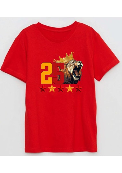 25 Kükreyen Kral Aslan 5 Yıldız Baskılı Pamuklu Çocuk Tişört