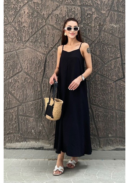 5400 Kadın V Yaka Ayarlanabilir Askılı Uzun Boy Elbise