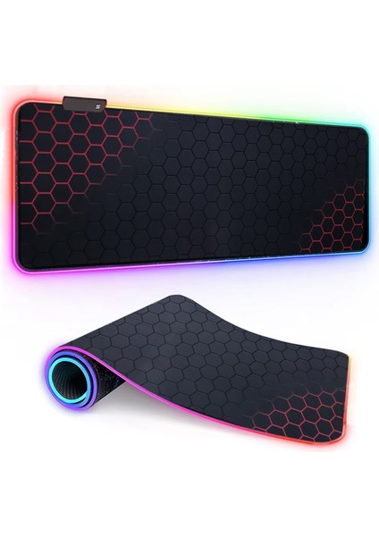 Oyuncu Rgb Mousepad ve Klavye Pad Kırmızı Altıgen Desenli Red Hex Tasarım Işıklı 70CM x 30CM Mouse Pad