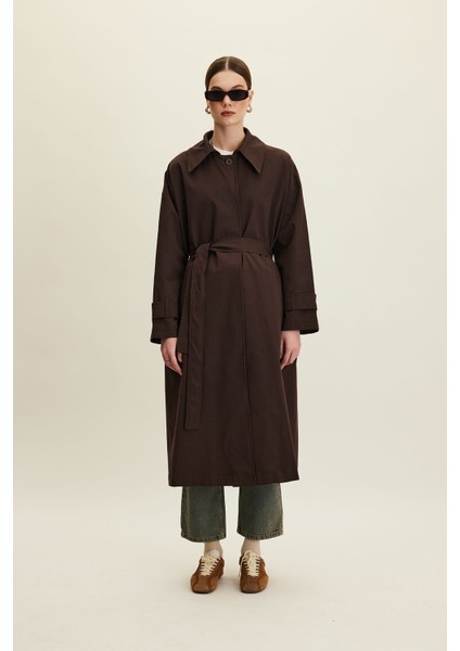 Kemerli Oversize Gabardin Trençkot Acı Kahve