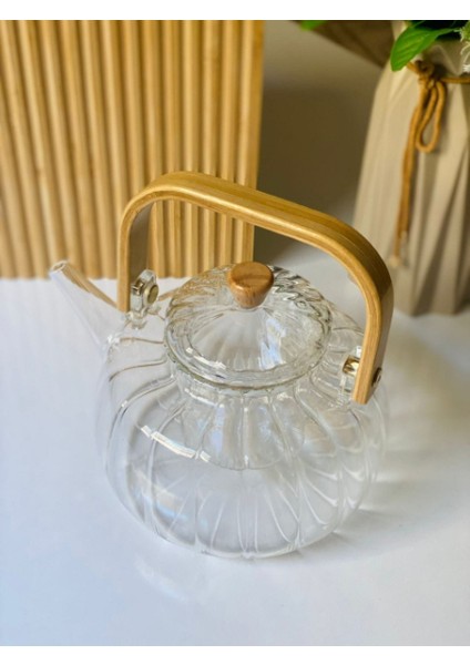 Ahşap Saplı Cam Çizgili Demlik