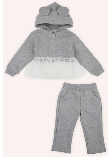 Kız Bebek Kulak Detaylı 2'li Gri-Melanj Eşofman Takım