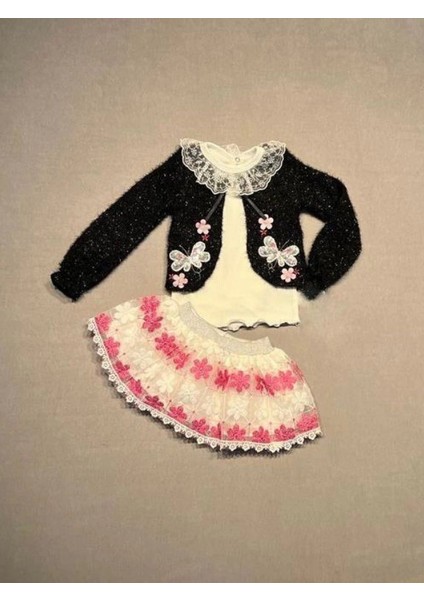 1-2-3 Yaş Brode Etekli Örme Hırkalı Uzun Kollu Sweat 3lü Kız Çocuk Takımı Siyah