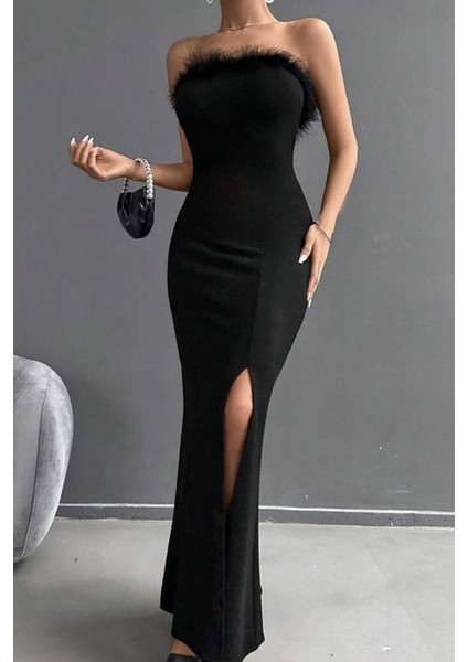 Siyah Peluş Tüy Detaylı Siyah Elbise Yırtmaçlı Gece Elbise fiyatları