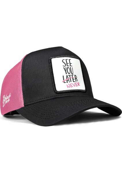 V1 Trucker See You Later Never - 1 Kod Logolu Unisex Siyah-Pembe Şapka