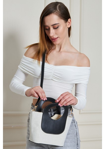 Almaria Siyah Kanvas Yavrulu Kadın El, Kol ve Omuz Çantası