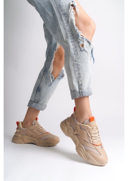 Tokyo Bağcıklı Ortopedik Taban Triko Detaylı Kadın Spor Ayakkabı Ttt - Ten/turuncu