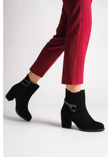 Edna Fermuarlı Ortopedik Taban Taşlı Topuklu Süet Kadın Bot Sst - Siyah fiyatları