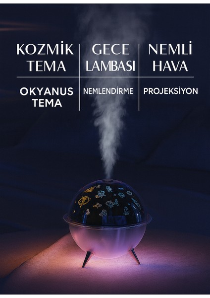 Gece Lambası Mini Projeksiyon Lambası Hava Nemlendirici 260 ml Ultrasonik indirimleri