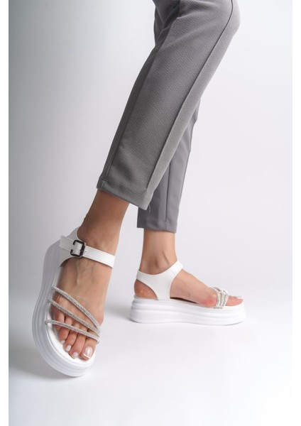 Eva Kalın Tokalı Taşlı Şeritli Ortopedik Taban Kadın Sandalet Cbt - Beyaz fiyatları