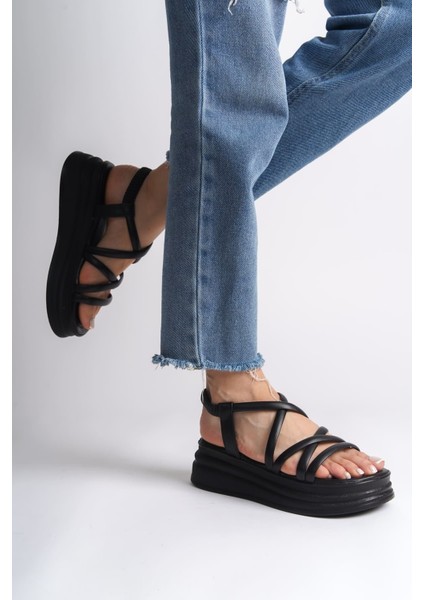 Bella Lastikli Şerit Detaylı Ortopedik Taban Kadın Sandalet Cst - Siyah