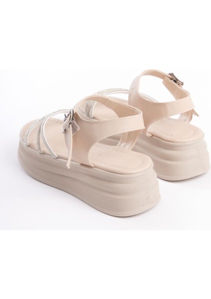 Eva Kalın Tokalı Taşlı Şeritli Ortopedik Taban Kadın Sandalet Ckt - Krem indirimleri