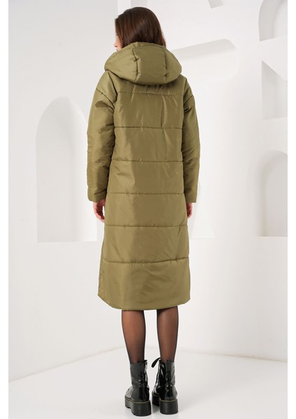 5120 Kapşonlu Uzun Şişme Mont - Haki