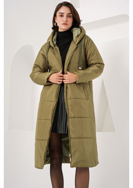 5120 Kapşonlu Uzun Şişme Mont - Haki