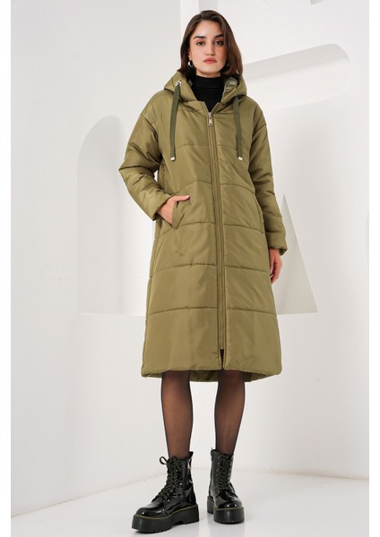 5120 Kapşonlu Uzun Şişme Mont - Haki