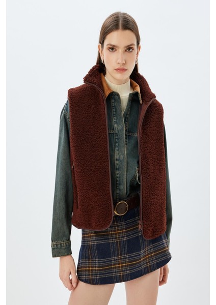 Peluş Yelek Kolsuz Fermuarlı Dik Yaka Cepli