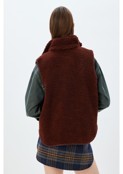 Peluş Yelek Kolsuz Fermuarlı Dik Yaka Cepli