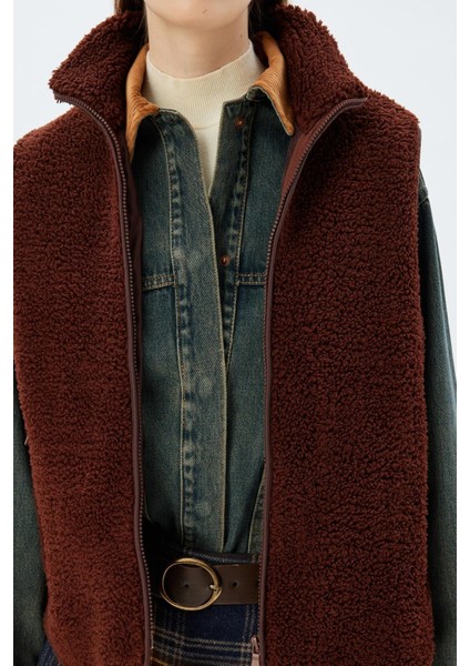 Peluş Yelek Kolsuz Fermuarlı Dik Yaka Cepli