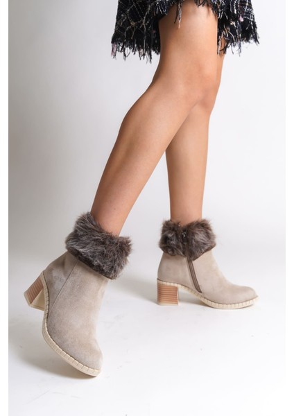Julıa Fermuarlı Ortopedik Taban Tüylü Topuklu Süet Kadın Bot Skt - Krem fiyatları