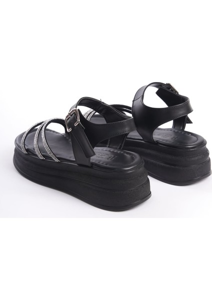 Eva Kalın Tokalı Taşlı Şeritli Ortopedik Taban Kadın Sandalet Cst - Siyah indirimleri