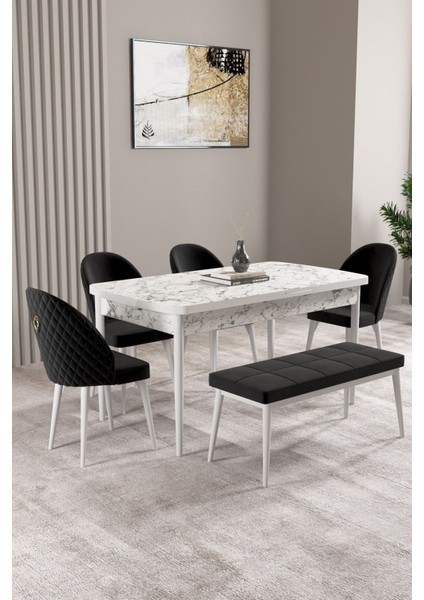 Milas Beyaz Mermer 80X132 Açılabilir Mdf Masa Yemek Odası Takımı, Mutfak Takımı 4 Sandalye, 1 Bench