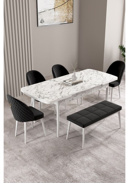 Milas Beyaz Mermer 80X132 Açılabilir Mdf Masa Yemek Odası Takımı, Mutfak Takımı 4 Sandalye, 1 Bench fiyatları