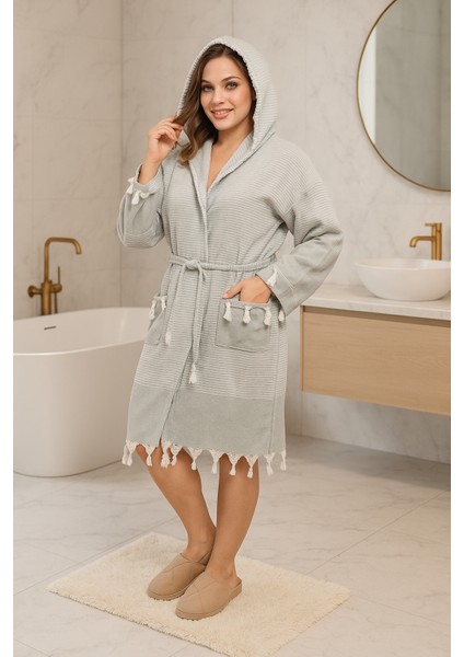 Unisex Hürrem Püskül Modelli Banyo-Havuz-Deniz-Plaj Pamuklu Peştamal Bornoz-Gri
