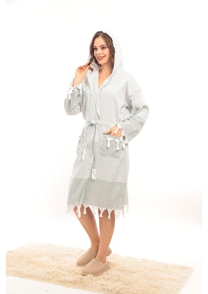 Unisex Hürrem Püskül Modelli Banyo-Havuz-Deniz-Plaj Pamuklu Peştamal Bornoz-Gri fırsatları