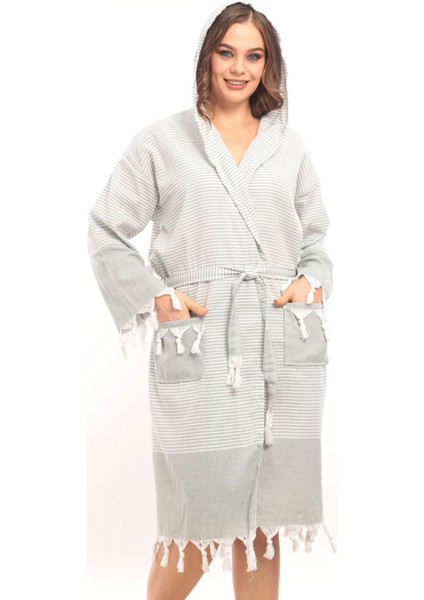 Unisex Hürrem Püskül Modelli Banyo-Havuz-Deniz-Plaj Pamuklu Peştamal Bornoz-Gri